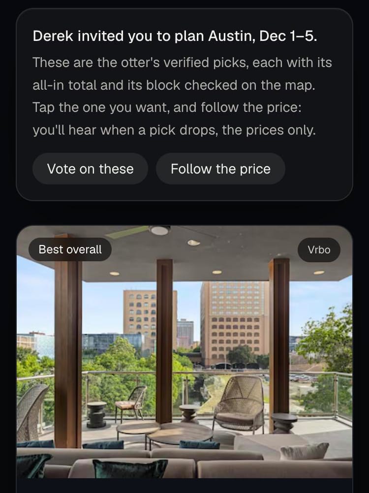 Example invited view on a phone: Derek invited you to plan Austin, Dec 1–5, with Vote on these and Follow the price above the first pick