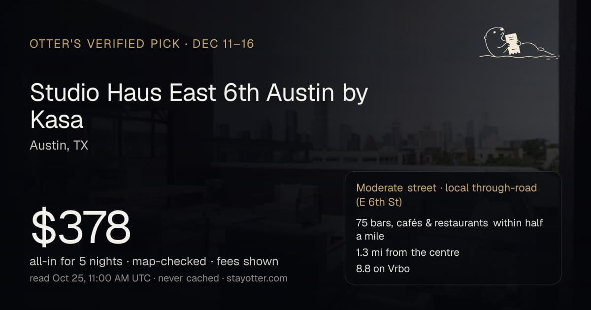 A shared stay's link preview: the Austin stay's photo with its all-in total, street verdict and walk facts