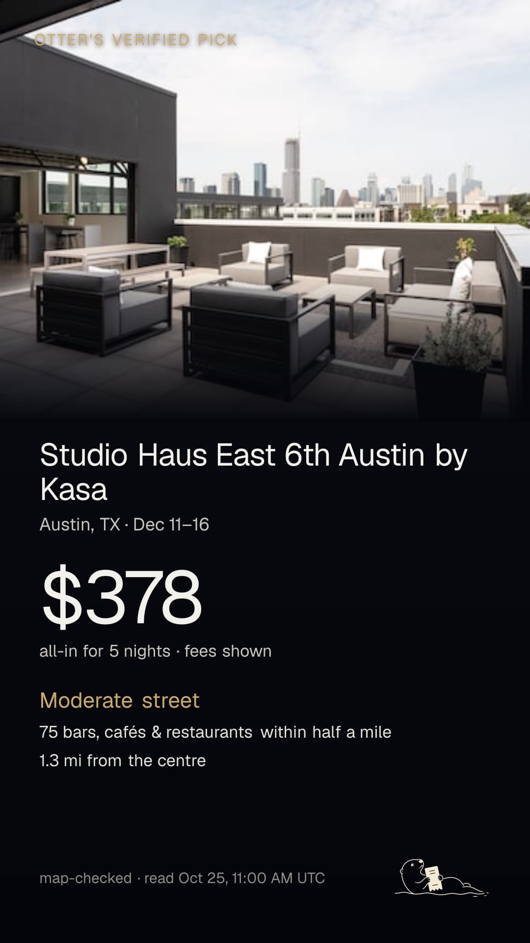 The same Austin stay as a tall story image with the photo on top and the total, street and facts below