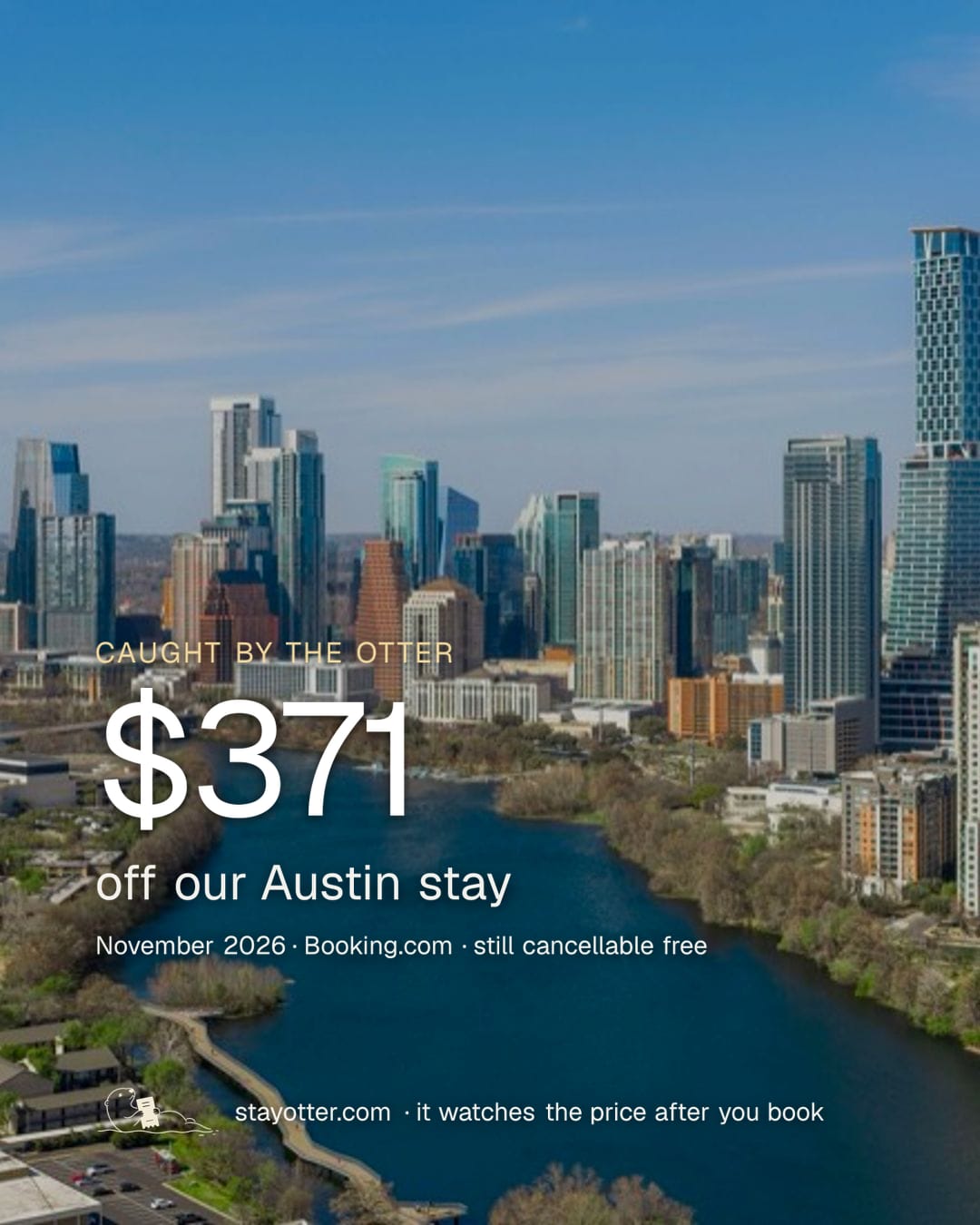 The see-through catch sticker laid over a photo of the Austin skyline