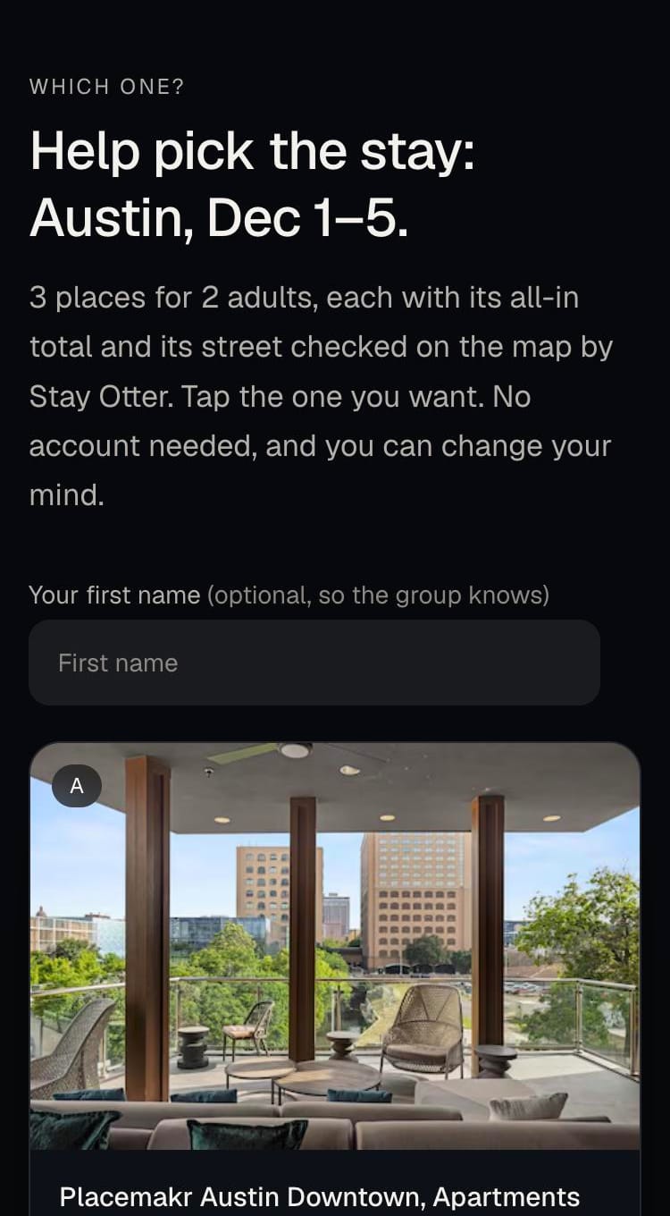 The vote page on a phone: Help pick the stay, Austin, with a first-name box and the first stay's photo